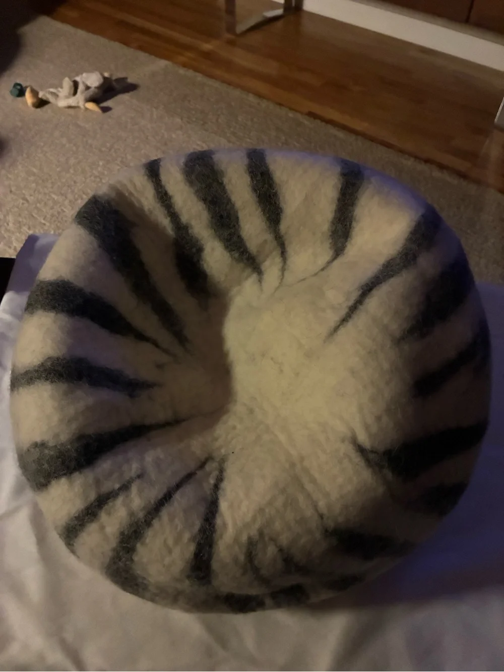 Plush Felted Cave Bed for Dogs - White & Gray Stripes Dog/  toy NoT Included :)